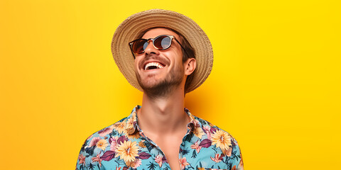 A man wearing a summer travel straw hat is smiling happily. - obrazy, fototapety, plakaty