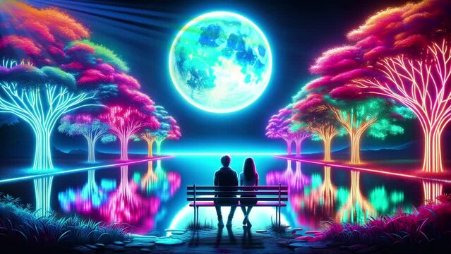 Valentine's Day - Lovers sit next to each other against the backdrop of a big moon, neon lights and a fabulous night