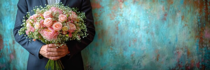 Elegant groom holding beautiful wedding bouquet in studio against blue background