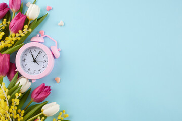 Welcoming spring: honoring International Women's Day on March 8th. Top view photo of alarm clock,...