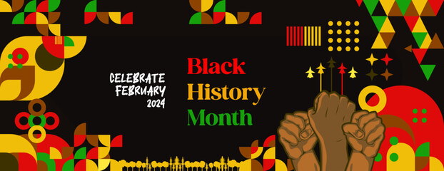 Celebrating Black History Month in modern geometric style. Greeting banner with typography. Illustration for Black History Month 2024