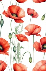 Obraz premium Blooming bouquet of red poppies. Poppies seamless pattern. Watercolor flowers.