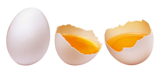 composição com ovo de galinha inteiro e ovo quebrado isolado em fundo transparente
