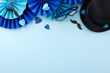 Pater party: reveling in the honor of fathers. Top view composition of paper party props, glasses,...