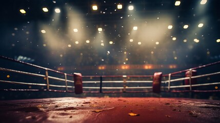 Boxing ring focused on the ropes with a bokeh of stadium lights, conveying anticipation