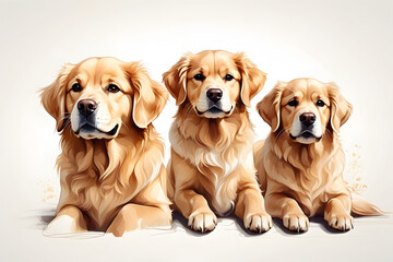 Front view of aesthetic golden retrievers illustration or cartoon on white background