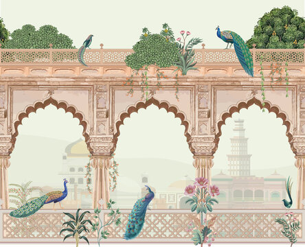 Beautiful indian Mughal arch, palace, peacocks, parrot, garden, and mountain illustration for wallpaper.