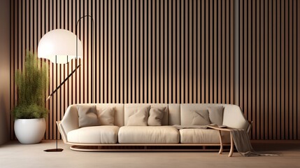 Chic and stylish interior with a minimalist sofa set against a backdrop of wooden slats and ambient spherical lighting