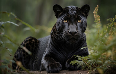 Naklejka na ściany i meble Close up portrait of black jaguar resting