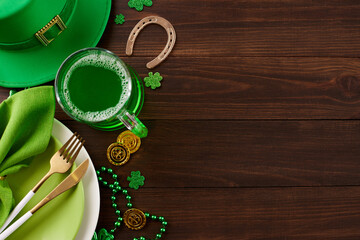 Leprechaun's delight: Setting the perfect St. Patrick's Day spread. Top view shot of plates,...