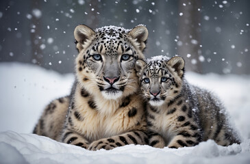 Fototapeta premium Snow leopard mother and cub under winter snow