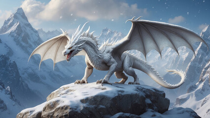 White dragon roaring and spreading wings on rock - obrazy, fototapety, plakaty