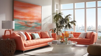 An architectural dream with a plush coral sofa, geometric lines casting shadows in a twilight setting for a serene ambiance