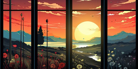 Stylized sunset view through a windowpane with a serene lake and mountains - obrazy, fototapety, plakaty