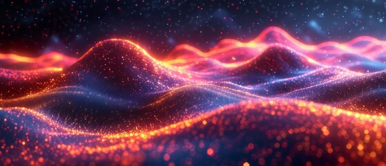 Fototapeta premium Modern, Energetic Background with Digital Information Smooth Waves. Abstract purple and blue dot wave. dark background. Futuristic technology style. Elegant background for presentations. Generative ai