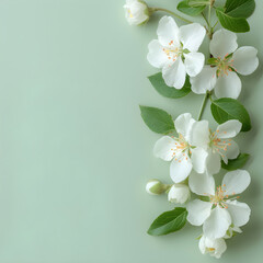 Fototapeta premium Greeting card template with white flowers on light green background, perfect for wedding, mothers or womans day, with copy space for personalized message.
