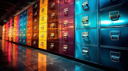 Chrome filing cabinets with rainbow-colored folders in a room with high-tech, neon lighting - obrazy, fototapety, plakaty