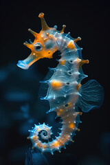 A blue seahorse in the dark sea deep. Generative AI - obrazy, fototapety, plakaty