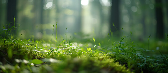 some green grasses on the forest floor in