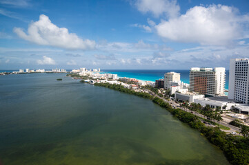 Aerial view looking of the Hotel Zone (Zona Hotelera) of Cancun, Mexico - obrazy, fototapety, plakaty