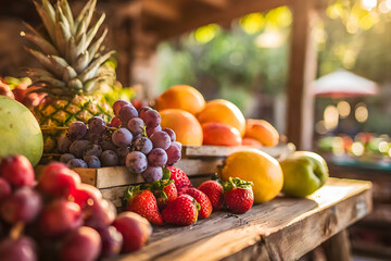 Naklejka na ściany i meble Fresh, Colorful Fruits Displayed on Rustic Wooden Table in Golden Sunlight