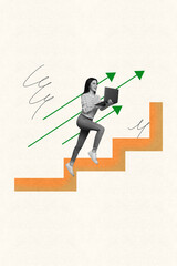 Creative collage picture poster successful young running woman upwards progress stairs achieving income earning promotion