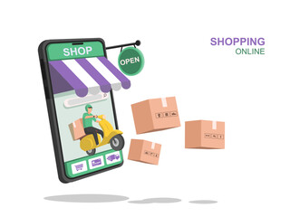 Online shopping. Parcel box floated front of the smartphone. Fast delivery. vector illustration
