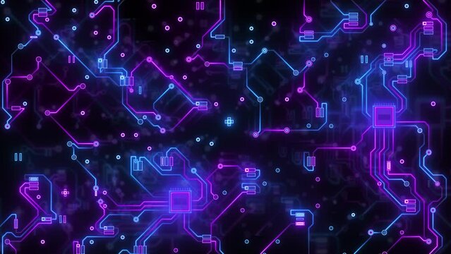 Digital Neon Motherboard Data Flow. Digital Environment. CPU Processing. Digital Network. Neon Circuit Board. Cloud Computing.
