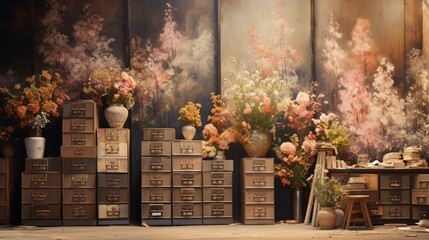 An impressionistic painting of rustic wooden filing cabinets overflowing with blooming flowers in a sunlit, vintage office - obrazy, fototapety, plakaty