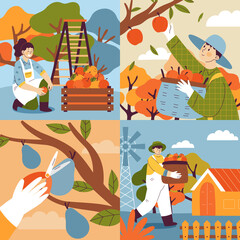 Hand drawn flat fruit harvest square illustration set with people collecting fruits from trees