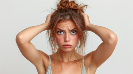 Wild Expression: Energetic Woman with Hands on Head Against White Background