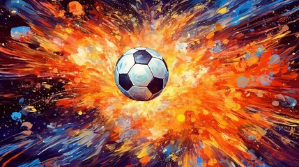 An abstract rendition of a soccer ball at the epicenter of a fiery explosion, radiating energy against a starry night sky