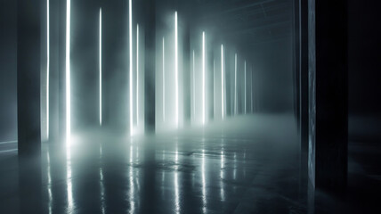 Futuristic Interior with Vertical Light Beams and Mist