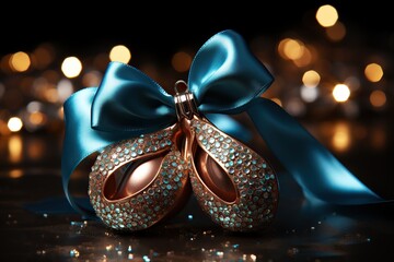 Crystal-studded golden masquerade mask with blue satin bow on a bokeh background