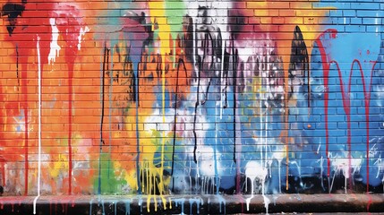Grunge-style urban wall with an array of spray cans spilling vibrant, graffiti-like colors down a brick alley