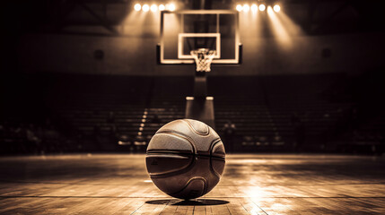 Vintage sepia-toned sketch of an old leather basketball resting on a wooden hoop in an empty, dimly lit gymnasium - obrazy, fototapety, plakaty