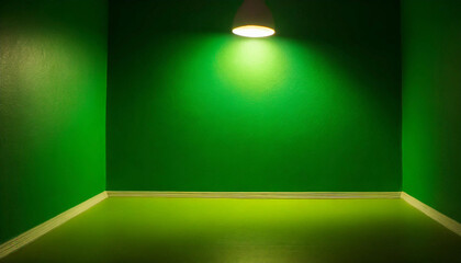 A well-lit empty room in green, suitable for showcasing text mockups or presenting products.