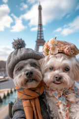 vertical image of Two Charming Dogs taking selfie photo while Enjoying a Sunny Day Out in Paris with the Eiffel Tower Behind