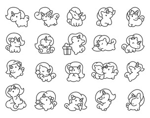 Obraz premium Cute kawaii little unicorn. Coloring Page. Fairy tale cartoon happy pony characters. Hand drawn style. Vector drawing. Collection of design elements.