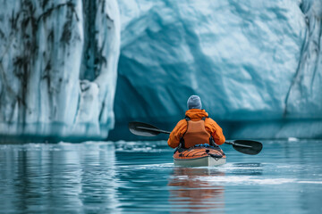 A man paddling in a kayak through the glacial lake with glacier in background - obrazy, fototapety, plakaty