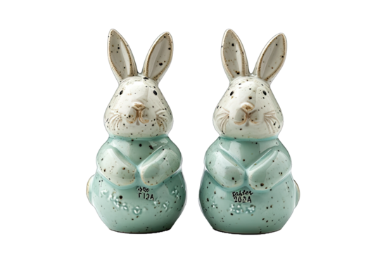 A Pair of Ceramic Easter Bunny Salt and Pepper Shakers Charming and Practical With the Text Easter 2024. Isolated on a Transparent Background. Cutout PNG.