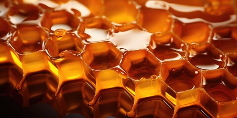 Fototapeta premium Background texture and pattern of honeycomb close-up. Macro shot of a honeycomb.