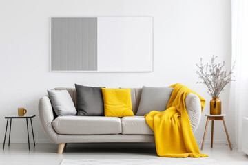 Modern Living Room with Gray Sofa and Yellow Accents and blank poster mockup on white wall