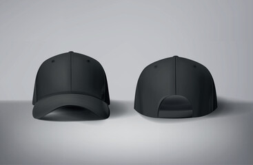 Black baseball caps mock up in gray background, front and back or different sides. For branding and advertising.