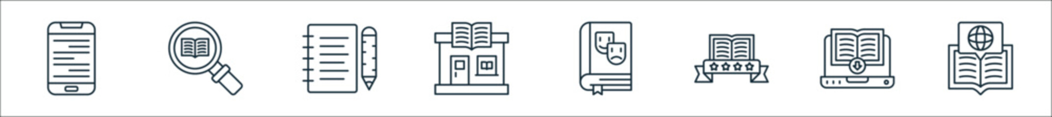 outline set of literature line icons. linear vector icons such as digital book, research, notes, bookshop, book, fair, ebook, encyclopaedia - obrazy, fototapety, plakaty