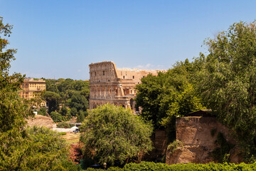 Vistas al Coliseo de Roma rodeado por vegetación. Italia