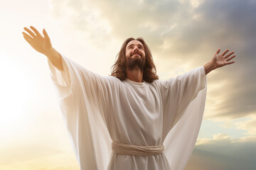 Jesus Christ in white clothes with outstretched arms against the sky as a symbol of Christianity