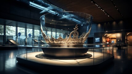 Modern museum display, where the crown is encased in glass with holographic projections of the flag waving behind it