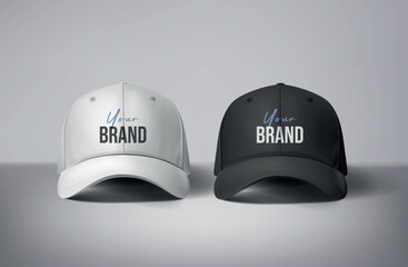 Black and white baseball caps mock up with logo in gray background, front sides. For branding and advertising.