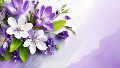 Violet spring flowers background, empty space for text